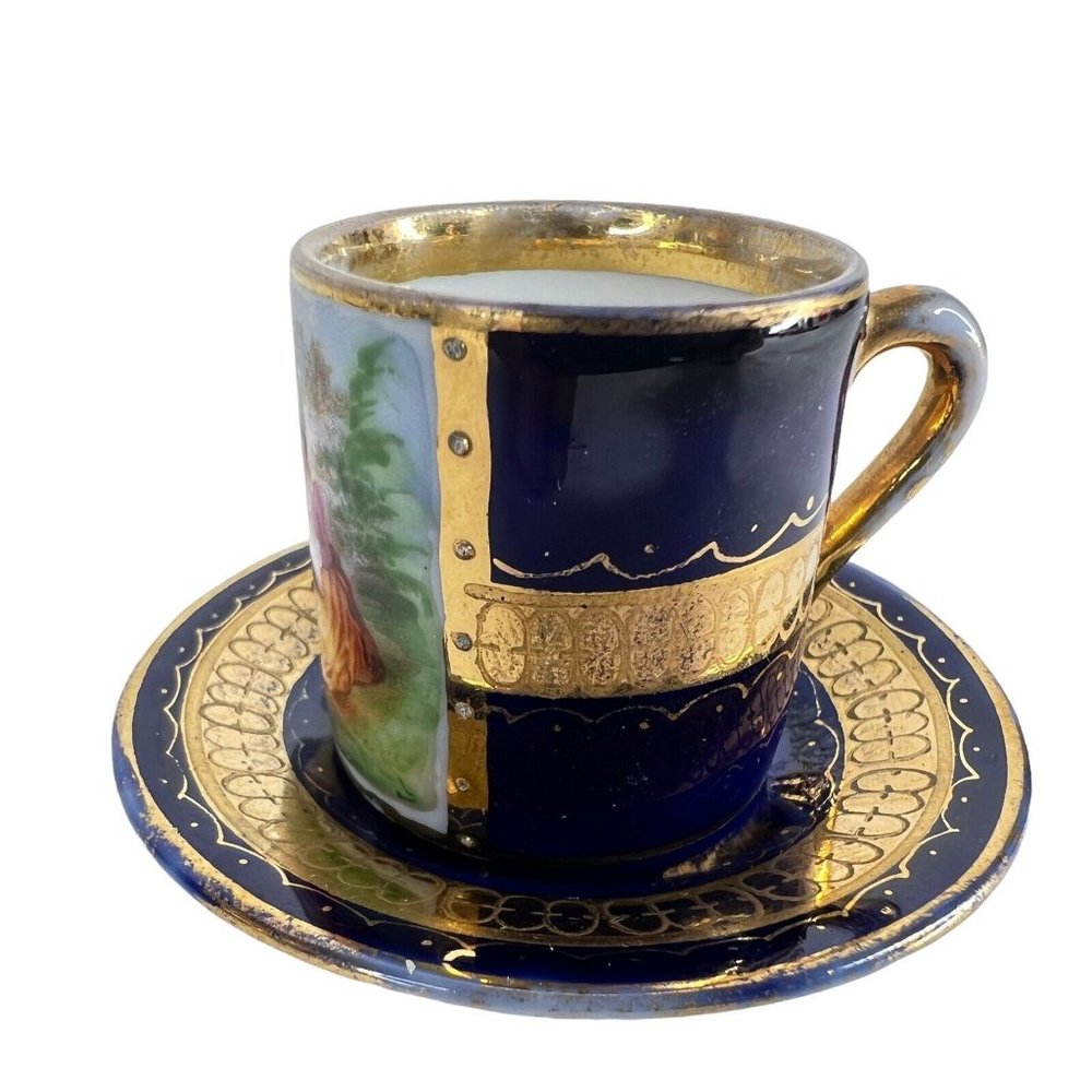 Miniature Royal Vienna Ackerman‎ & Fritze Tea Cup & Saucer Cobalt Blue Demitasse